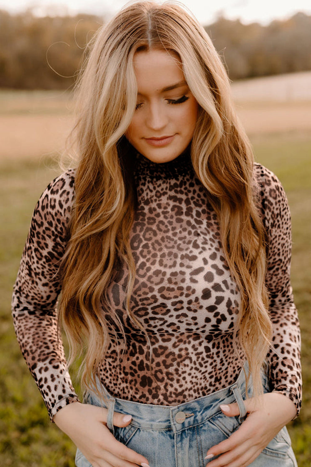 Brown Allover Leopard Print Smocked Neck Mesh Bodysuit - Toi ‘n’ Moi Ltd