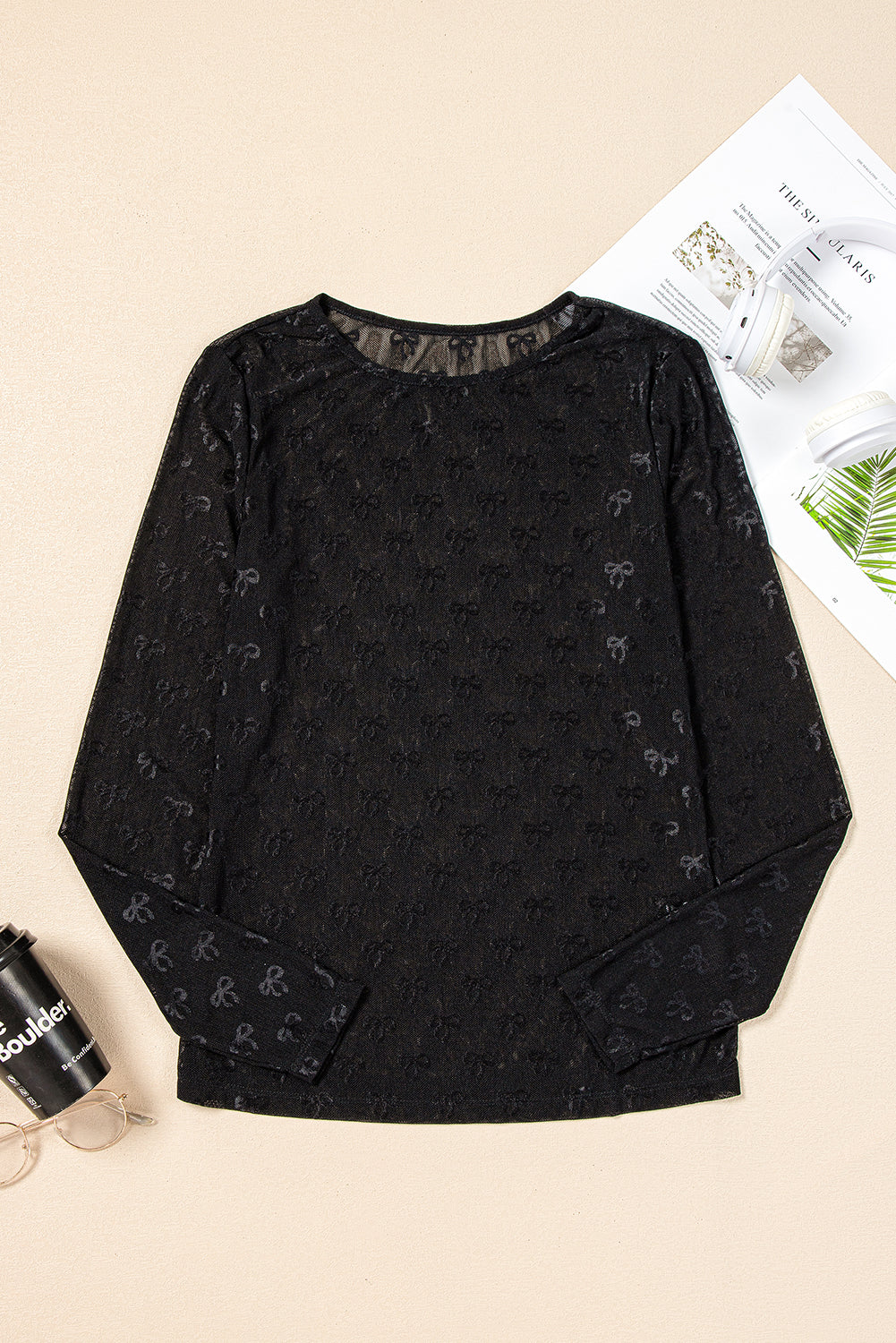 Black Bow Pattern Long Sleeve Slim Fit Mesh Top - Toi ‘n’ Moi Ltd
