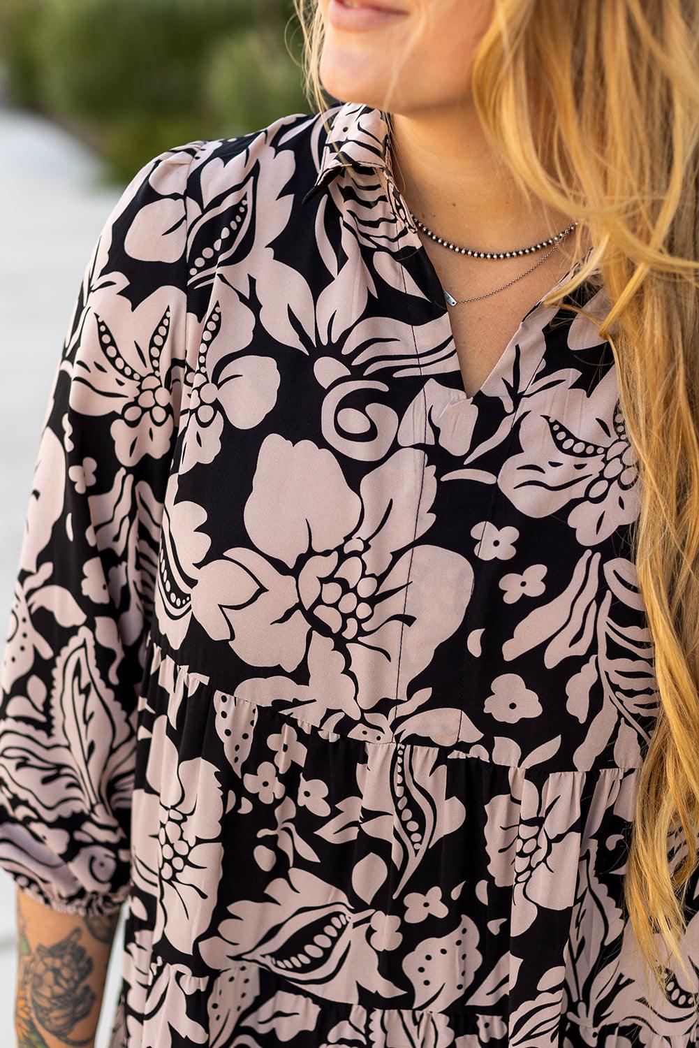 Black Plus Size Floral Printed Puff Sleeve Collared Maxi Dress - Toi ‘n’ Moi Ltd