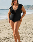 Black Ruffled Sleeve Lace-up V Neck Plus Size One Piece Swimsuit - Toi ‘n’ Moi Ltd