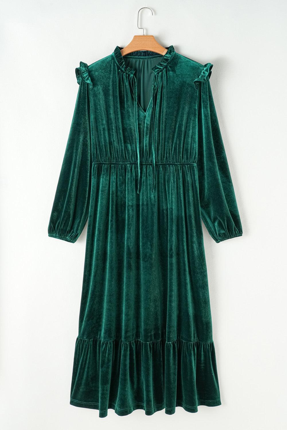 Blackish Green Velvet Frilled up Neck Ruffled High Waist Plus Size Midi Dress - Toi ‘n’ Moi Ltd