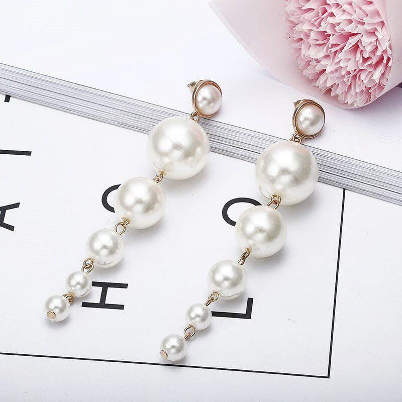 Trendy Elegant Big Simulated Pearl Long Wedding Party Statement Drop Earrings - Toi ‘n’ Moi Ltd