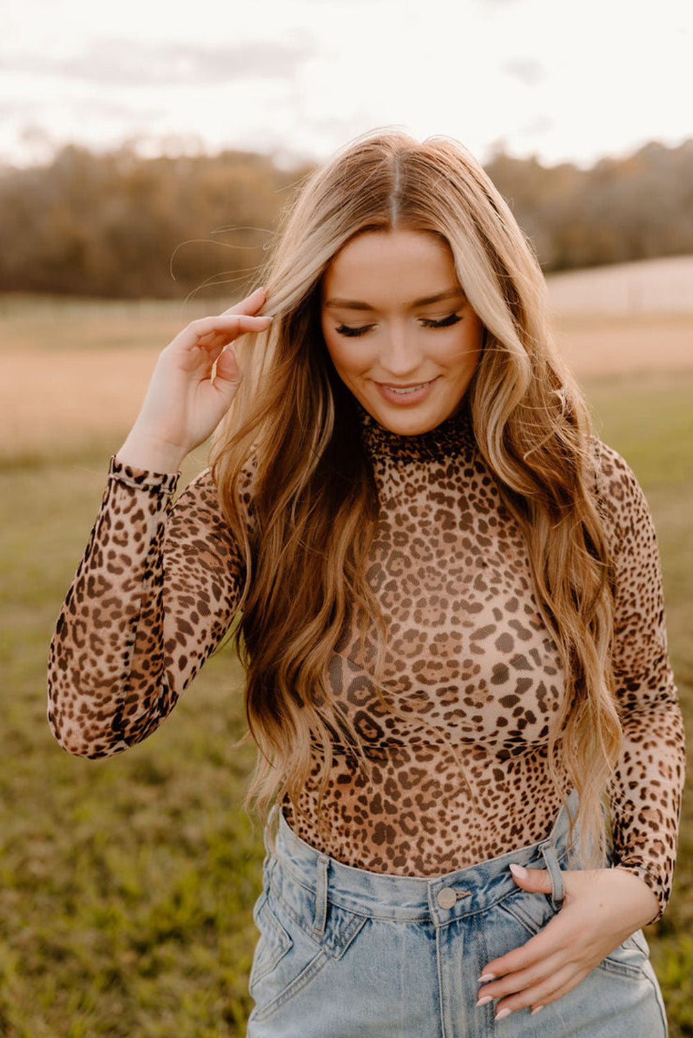 Brown Leopard Smocked Neck Mesh Long Sleeve Bodysuit - Toi ‘n’ Moi Ltd
