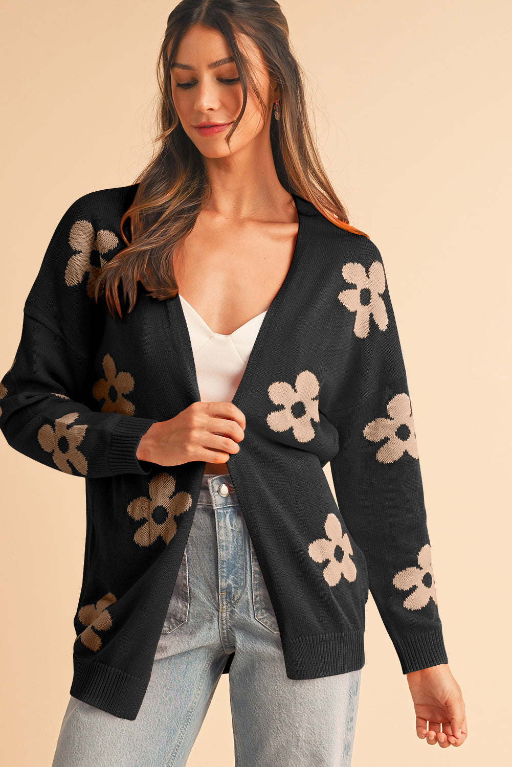 Black 60s Vintage Flower Drop Shoulder Cardigan - Toi ‘n’ Moi Ltd