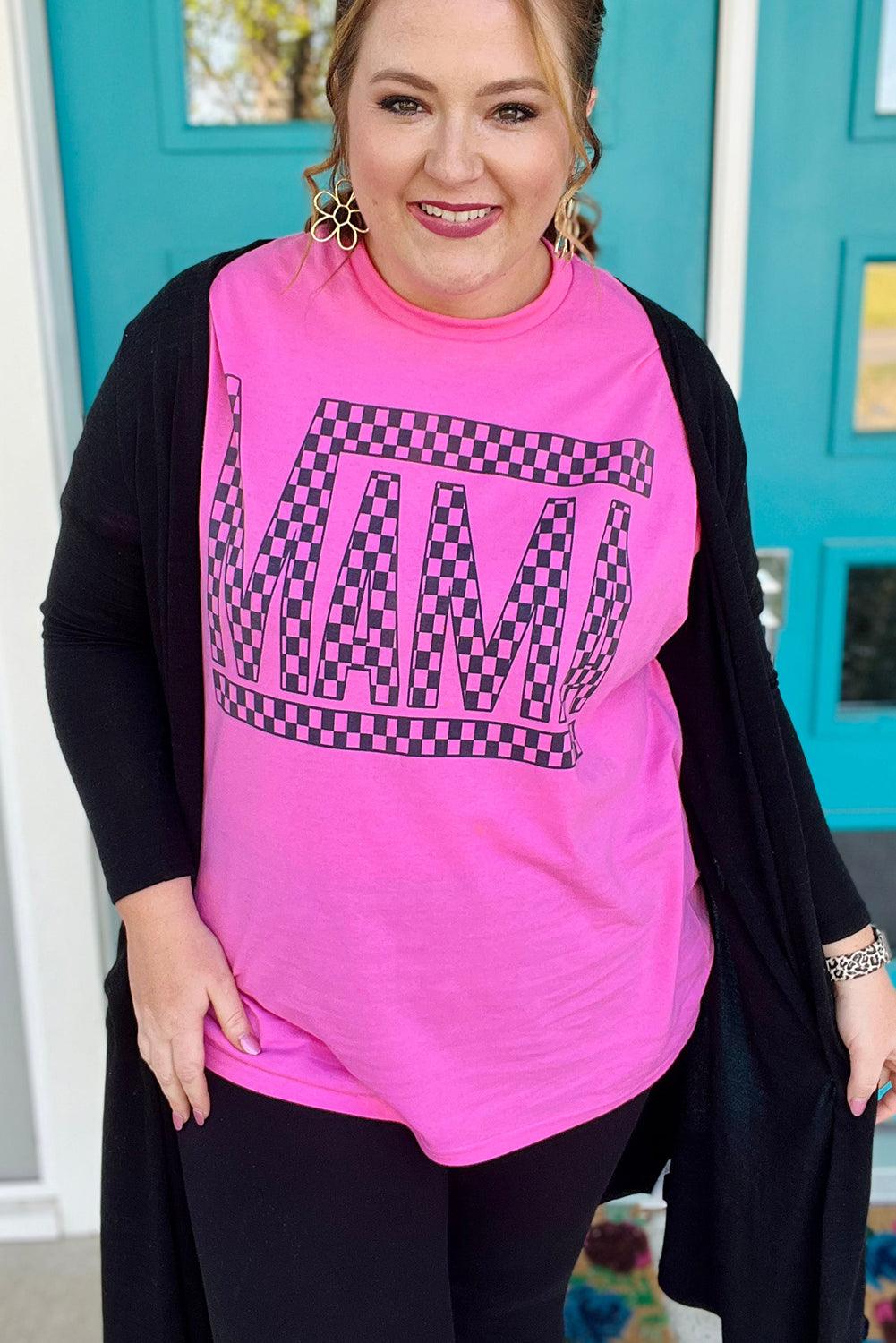 Bright Pink Checker MAMA Letter Printed Graphic Plus Size T Shirt - Toi ‘n’ Moi Ltd