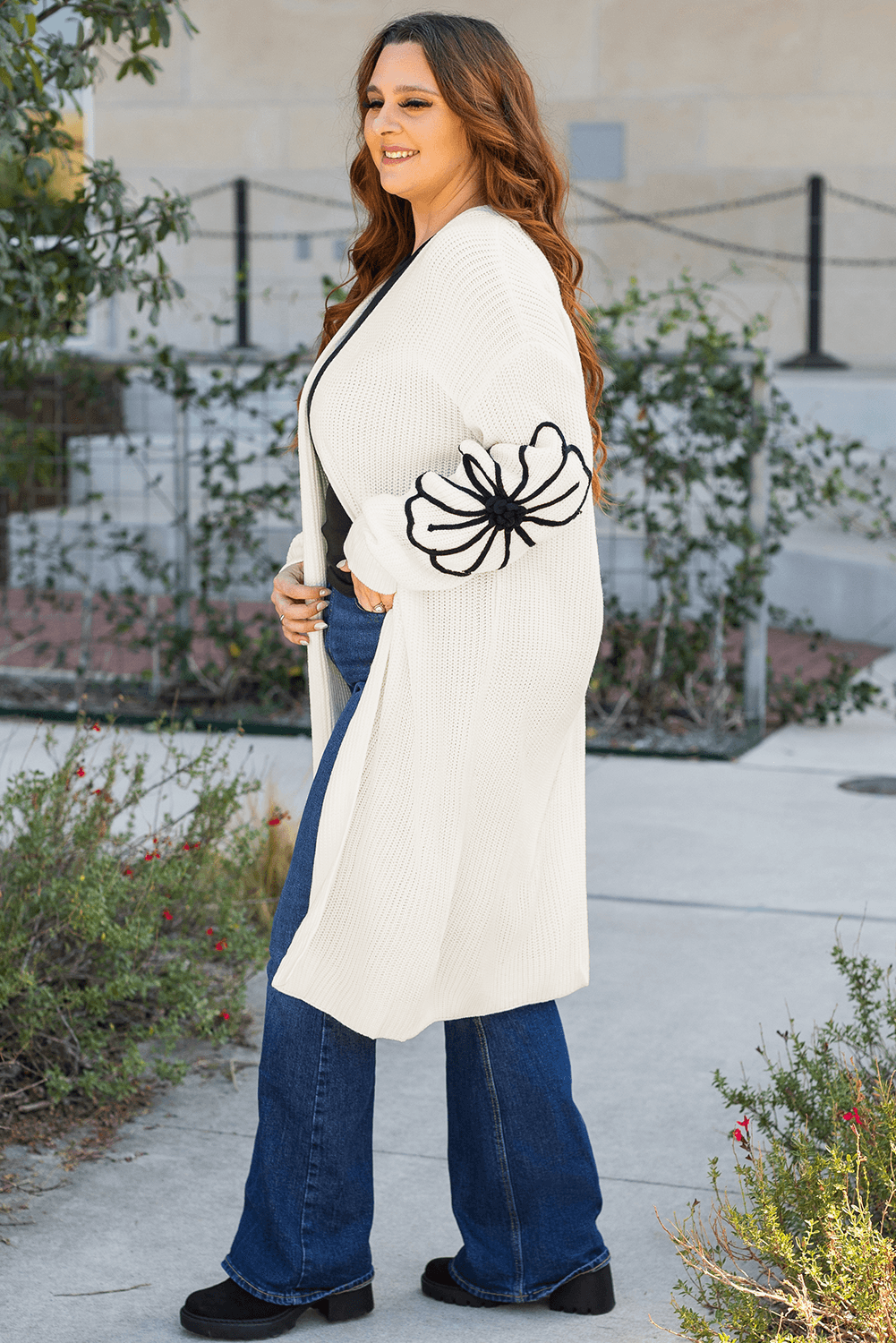 Beige Flower Embroidered Drop Shoulder Open Front Duster Cardigan - Toi ‘n’ Moi Ltd
