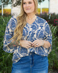 Blue Plus Size Ethnic Printed 3/4 Sleeve V Neck Loose Blouse - Toi ‘n’ Moi Ltd