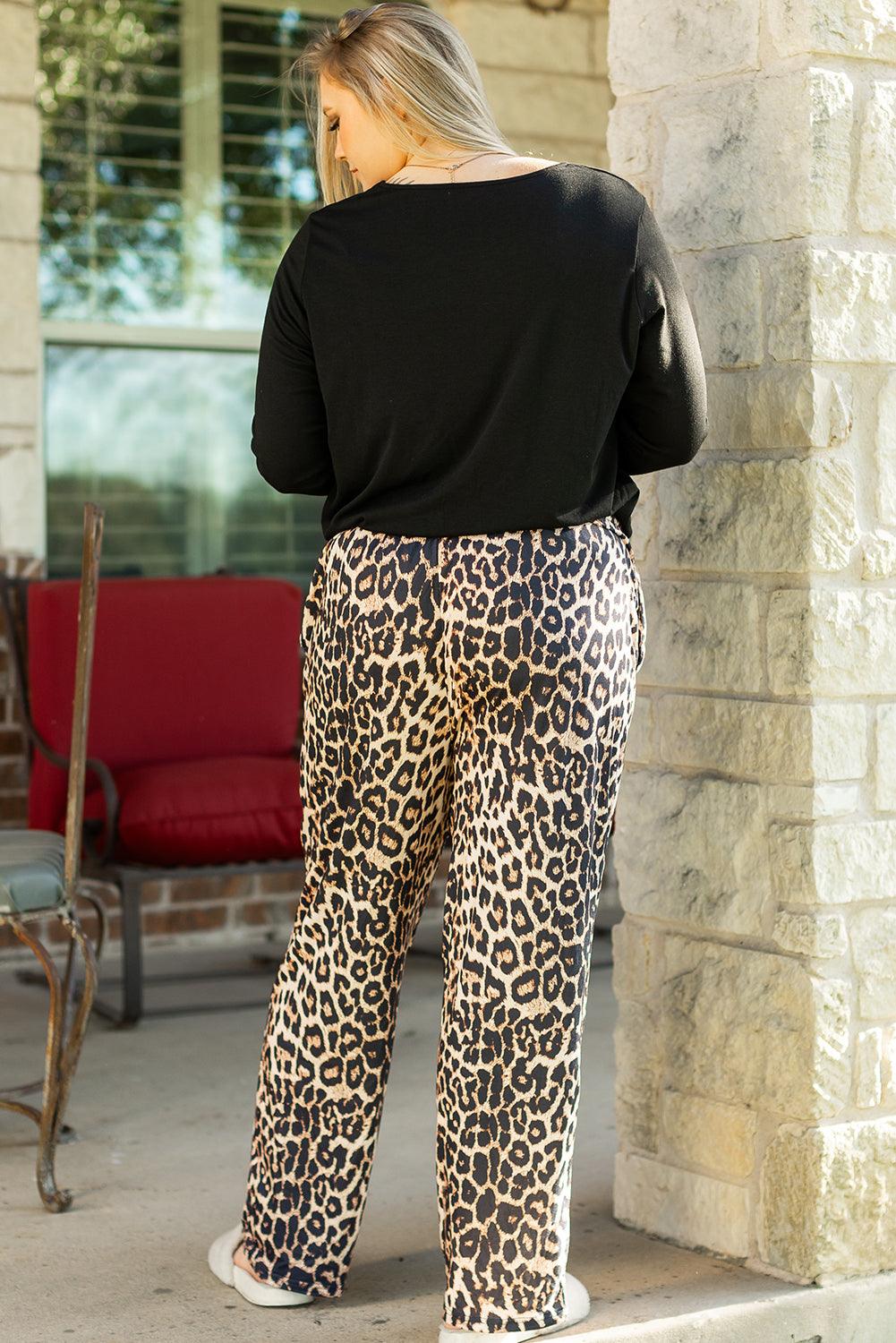 Black Leopard Patched Pocket Long Sleeve Top Plus Size Pants Set - Toi ‘n’ Moi Ltd