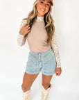 Smoke Gray Floral Lace Patchwork Long Sleeve High Neck Slim Top