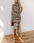 Brown Floral Allover Print Mock Neck Bodycon Midi Dress - Toi ‘n’ Moi Ltd