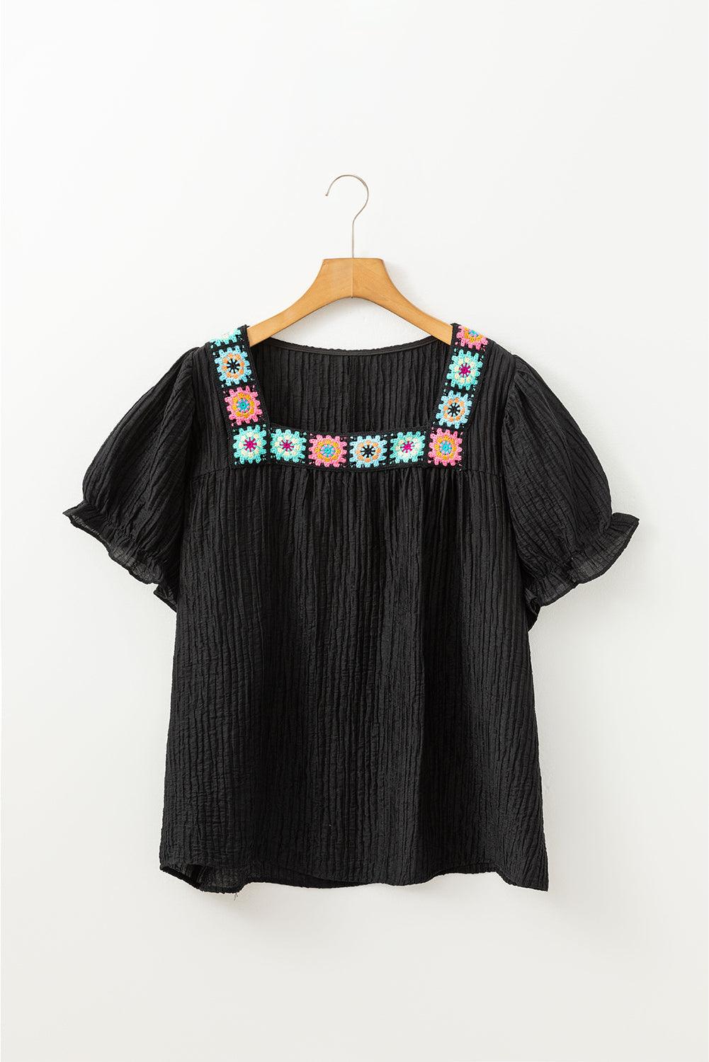 Black Floral Crochet Square Neck Ruffled Short Sleeve Flowy Plus Size Top - Toi ‘n’ Moi Ltd