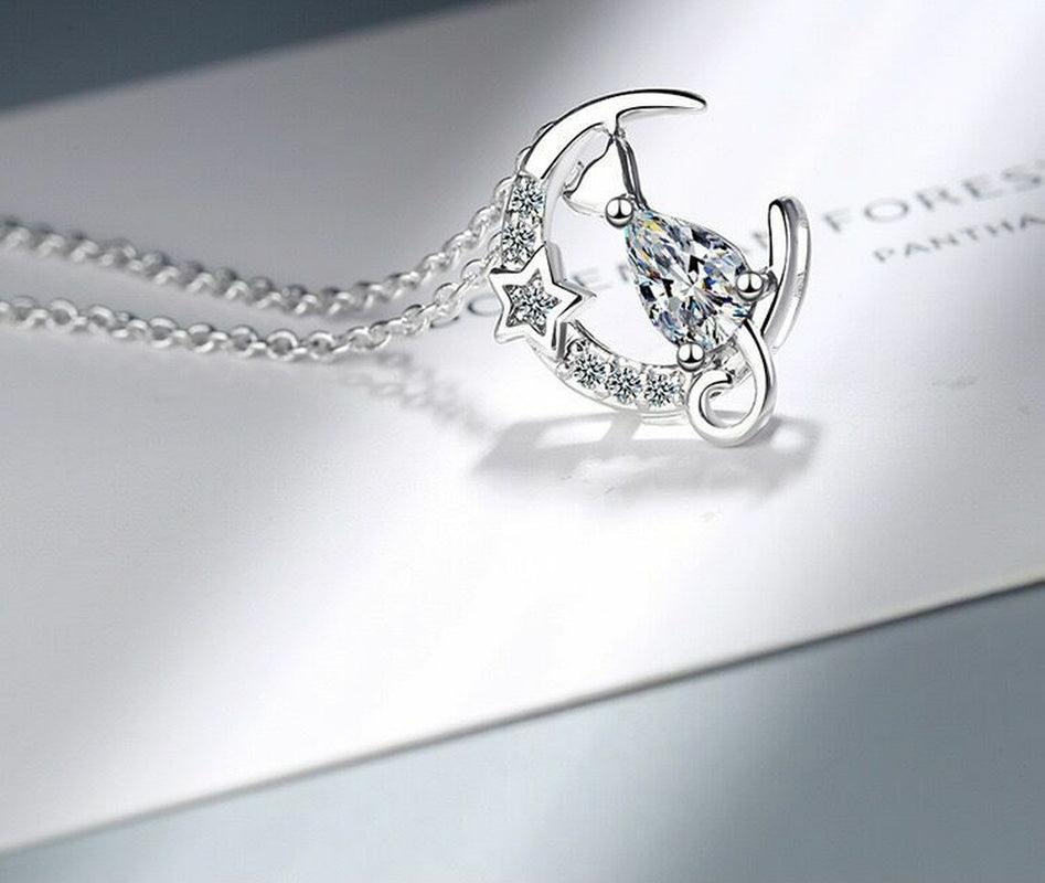Women Crystal Moon Cat Pendant Chain Necklace 925 Sterling Silver Jewellery UK - Toi ‘n’ Moi Ltd