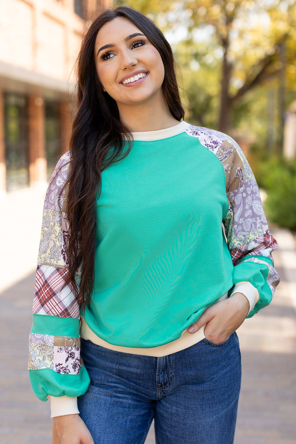 Aruba Blue Plaid Vintage Paisley Patchwork Long Sleeve Raglan Top - Toi ‘n’ Moi Ltd