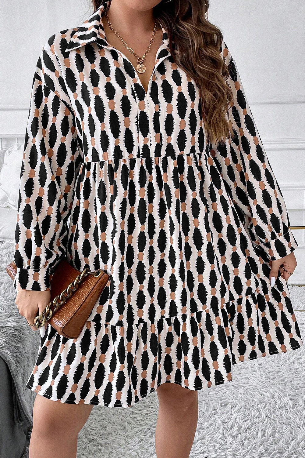Apricot Abstract Print Collared V Neck Plus Size Mini Dress - Toi ‘n’ Moi Ltd