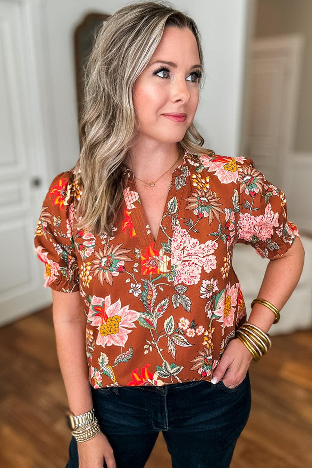 Brown Floral Stitched V Neck Frilled Trim Puff Short Sleeve Blouse - Toi ‘n’ Moi Ltd