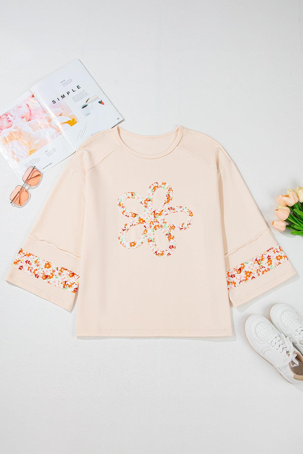 Beige Plus Size Flower Patched Side Slits Crewneck Top - Toi ‘n’ Moi Ltd