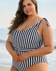 Black Stripe Plus Size Self Tie Straps O-Ring Waistband One Piece Swimsuit - Toi ‘n’ Moi Ltd