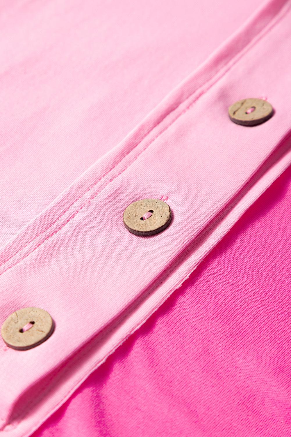 Bright Pink Colorblock Patchwork Short Sleeve Buttons Plus Size Henley Top - Toi ‘n’ Moi Ltd