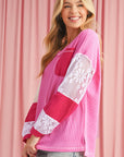 Bonbon Lace Floral Patchwork Sleeve Stitching V Neck Rib Top - Toi ‘n’ Moi Ltd