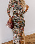 Brown Floral Allover Print Mock Neck Bodycon Midi Dress - Toi ‘n’ Moi Ltd