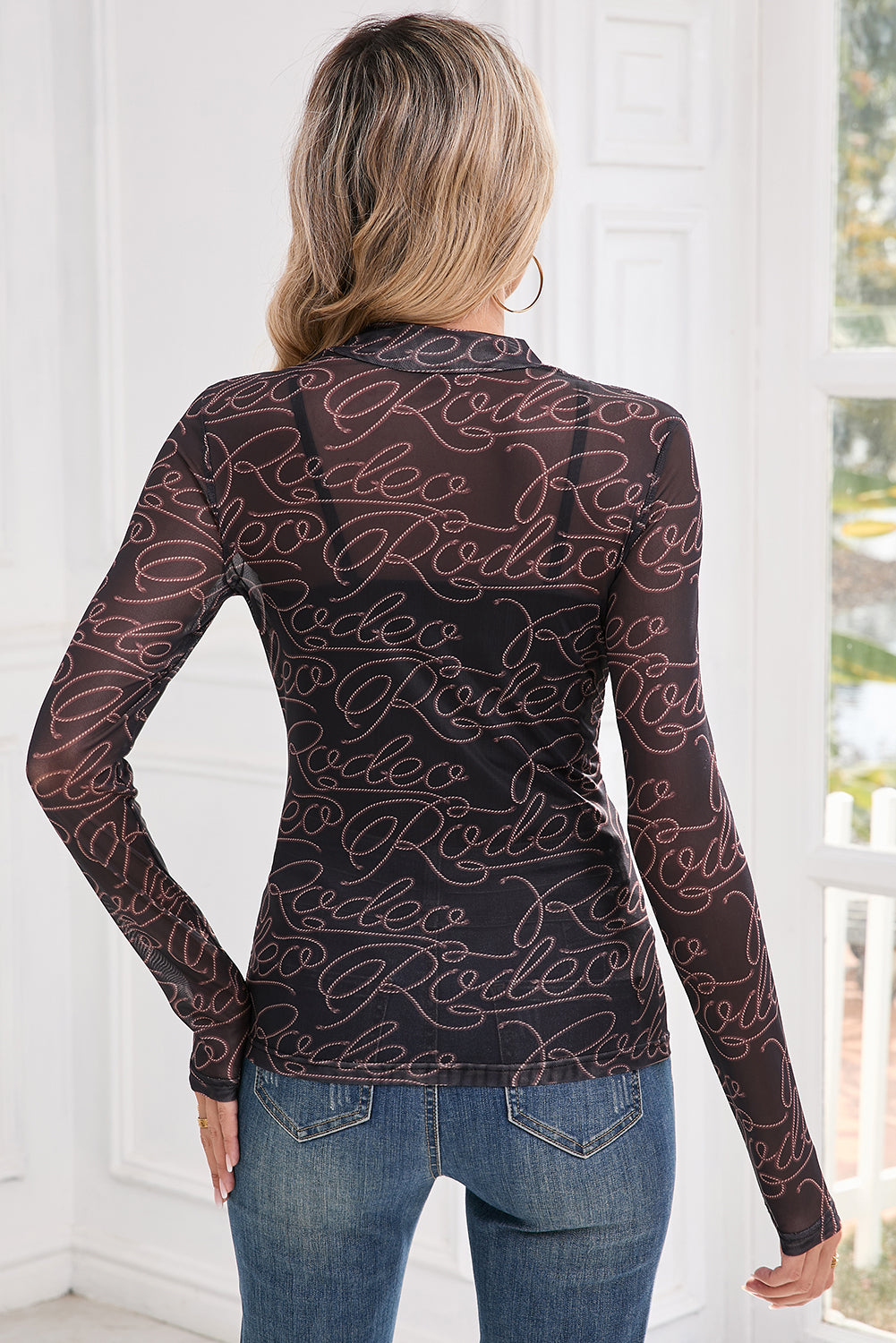 Black Letter Print Mock Neck Long Sleeve Mesh Top - Toi ‘n’ Moi Ltd