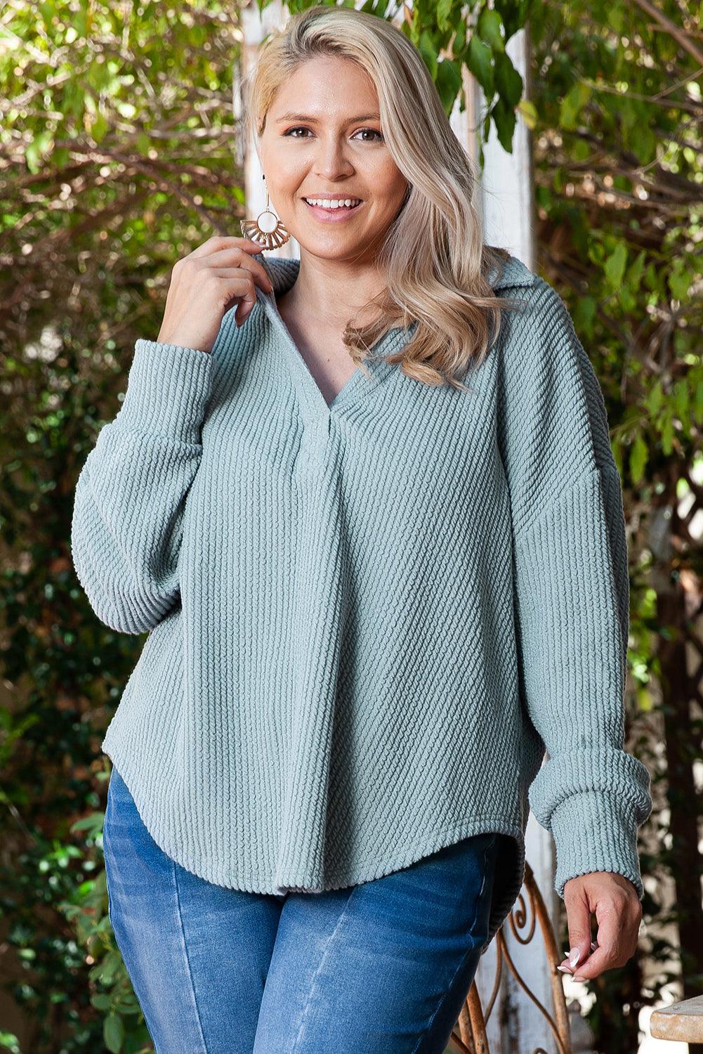 Beau Blue Textured Turn-down V Neck Drop Shoulder Plus Size Top - Toi ‘n’ Moi Ltd