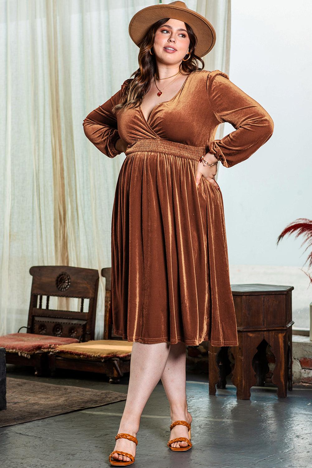Camel Surplice V Neck Balloon Sleeve Velvet Dress - Toi ‘n’ Moi Ltd