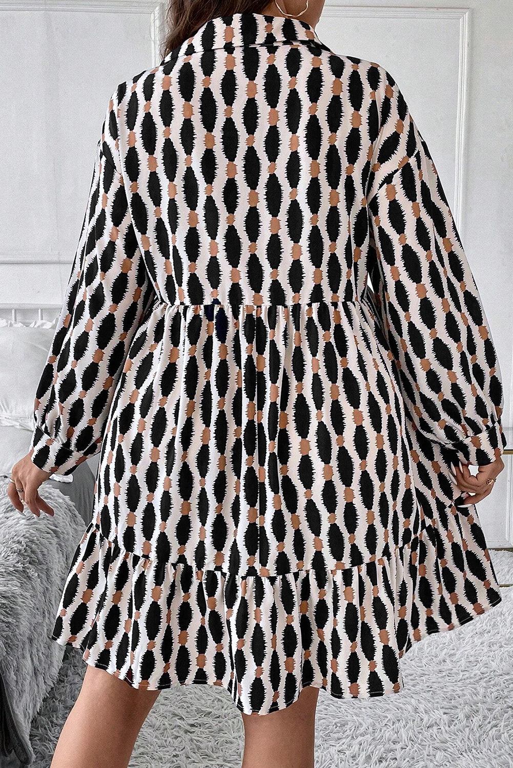 Apricot Abstract Print Collared V Neck Plus Size Mini Dress - Toi ‘n’ Moi Ltd