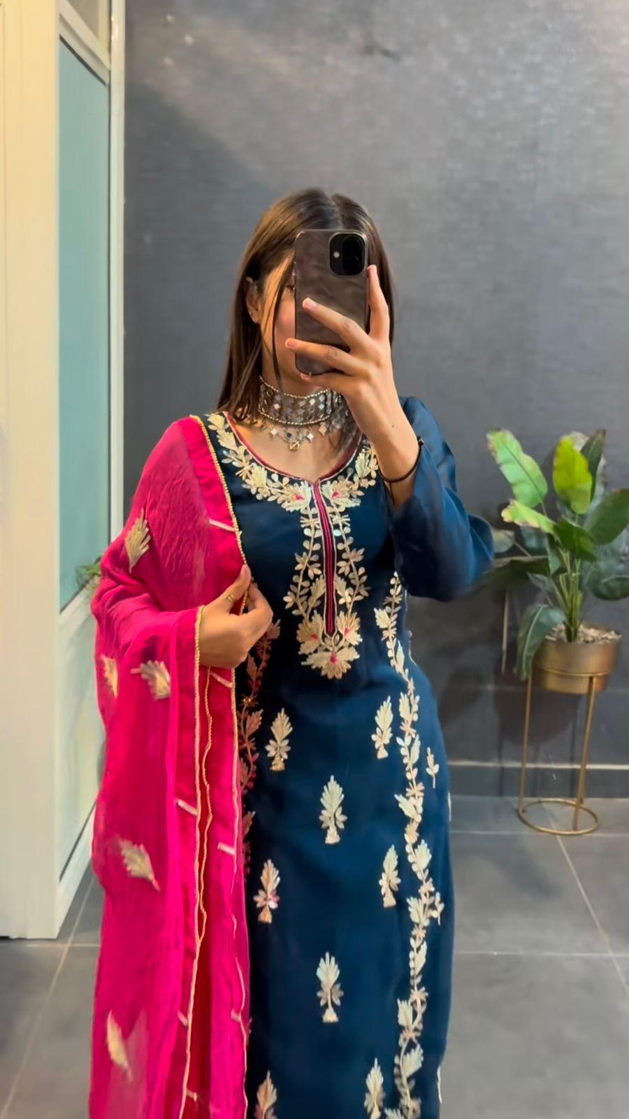 Stunning Embroidered Pant Suit – Georgette with Sequin Detailing | Elegant 3-Piece Set with Dupatta | Perfect Wedding & Party Outfit - Toi ‘n’ Moi Ltd