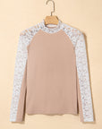 Smoke Gray Floral Lace Patchwork Long Sleeve High Neck Slim Top