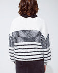 Fluffy  Crew Neck Sweater With Thin Black Stripes in White