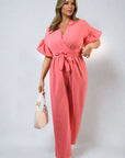 Wrap Over Tie Belt Frill Sleeve Jumpsuit