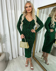 Printed V-Neck Long Sleeve Glitter Midi Dress