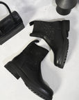 Rhinestone Faux Leather Stretch Ankle Boots