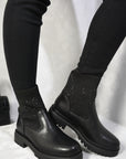 Rhinestone Faux Leather Stretch Ankle Boots