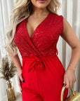 Elegant V-Neck Sequin Top Jumpsuit