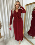 Elegant V Neck Tie Waist Glittery Maxi Dress