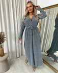 Elegant V Neck Tie Waist Glittery Maxi Dress