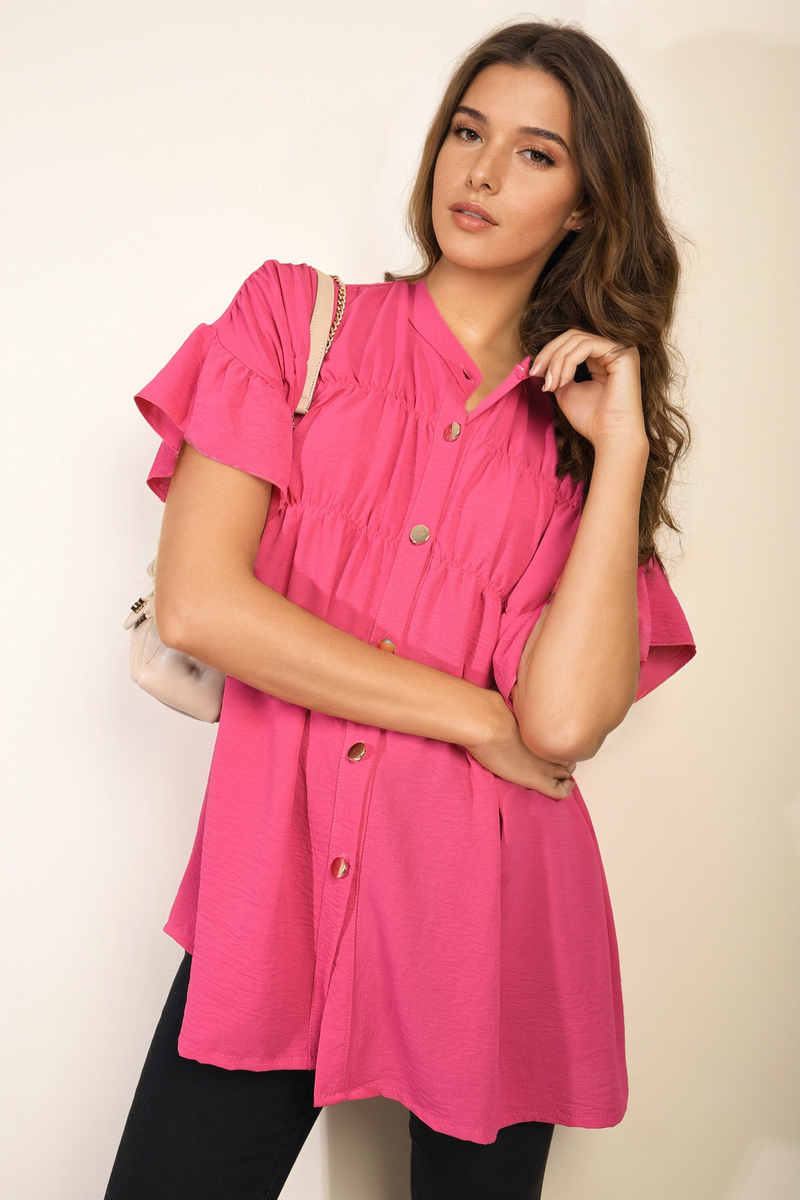 Button Down Pleated Frill Tops - Toi ‘n’ Moi Ltd