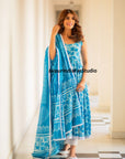 Indian Blue Cotton Block Print Long Flared Kurta with Pant & Dupatta Readymade, Beautful 3 piece Summer Wear Sleeveless Kurti set for women-3