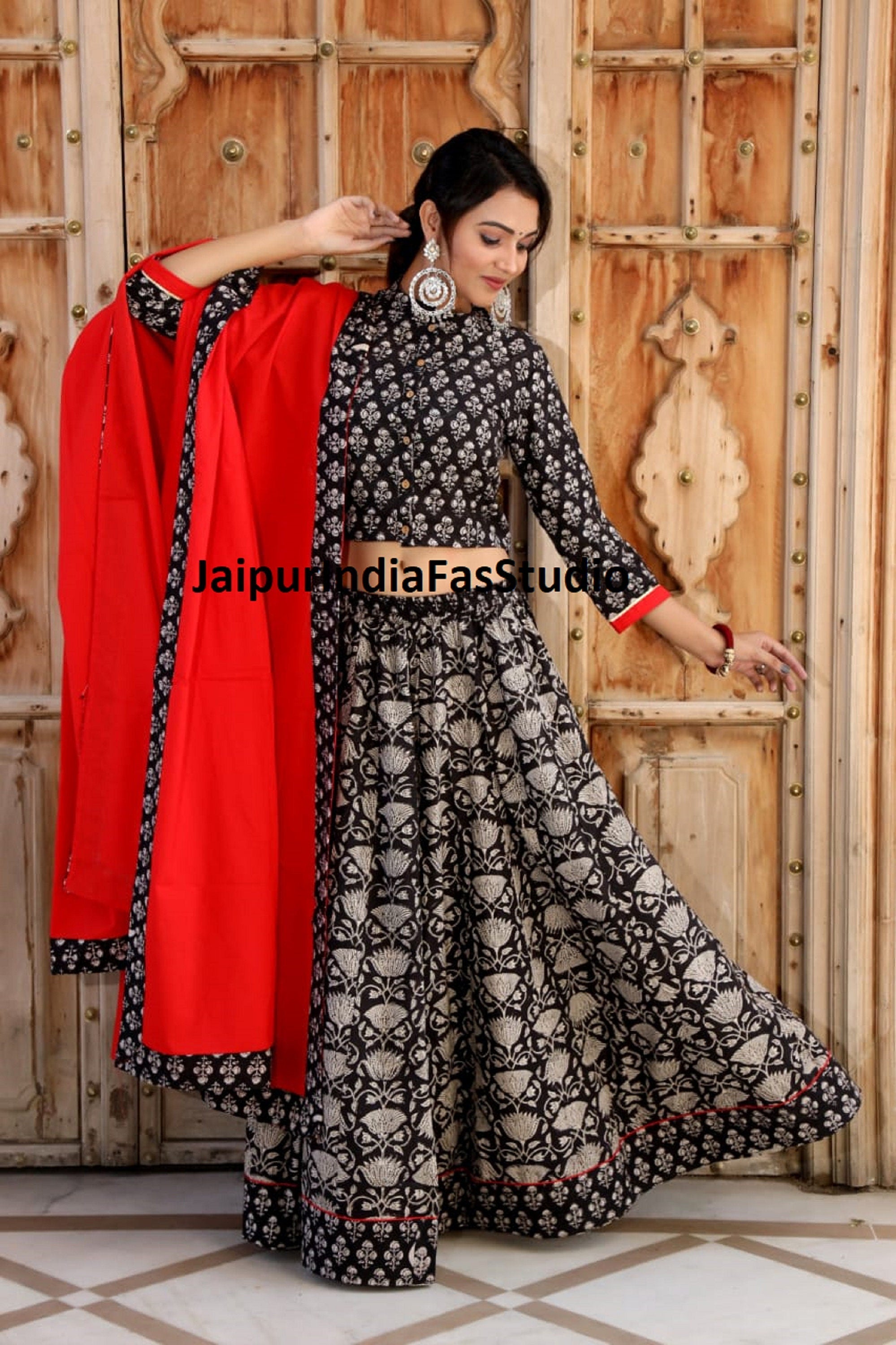 Hand block printed Cotton lehenga set fully stitched for ghagra choli for Dandiya, dance, mother's day gift idea. Black and Red lehenga set-1