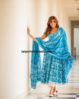 Indian Blue Cotton Block Print Long Flared Kurta with Pant & Dupatta Readymade, Beautful 3 piece Summer Wear Sleeveless Kurti set for women-0