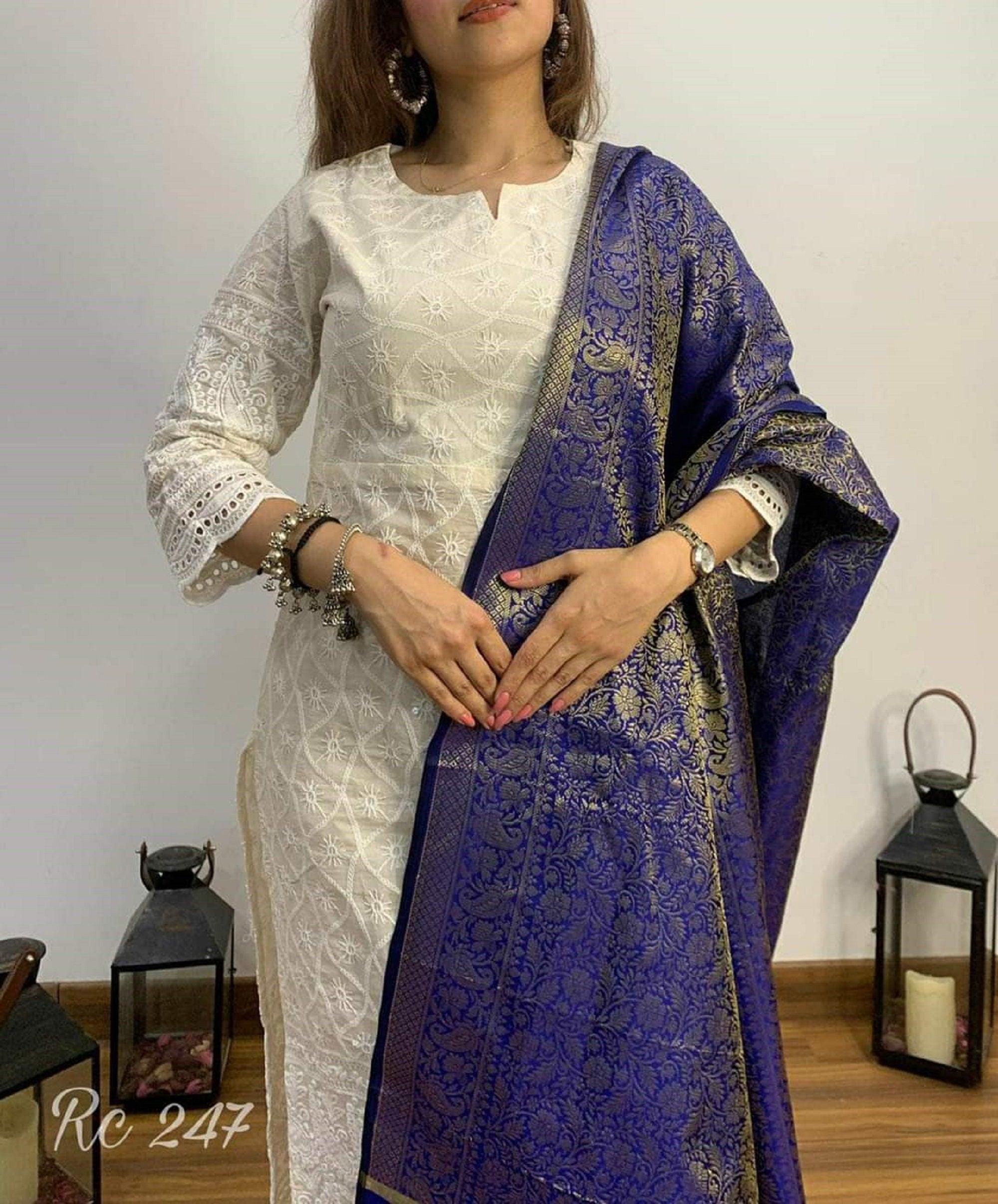 Indian Beautiful Chikan Kari Fabric Straight Long Kurti – Elegant Banarasi Silk Zari Dupatta Set | Perfect Mother's Special Gift for Wedding & Party Wear - Toi ‘n’ Moi Ltd