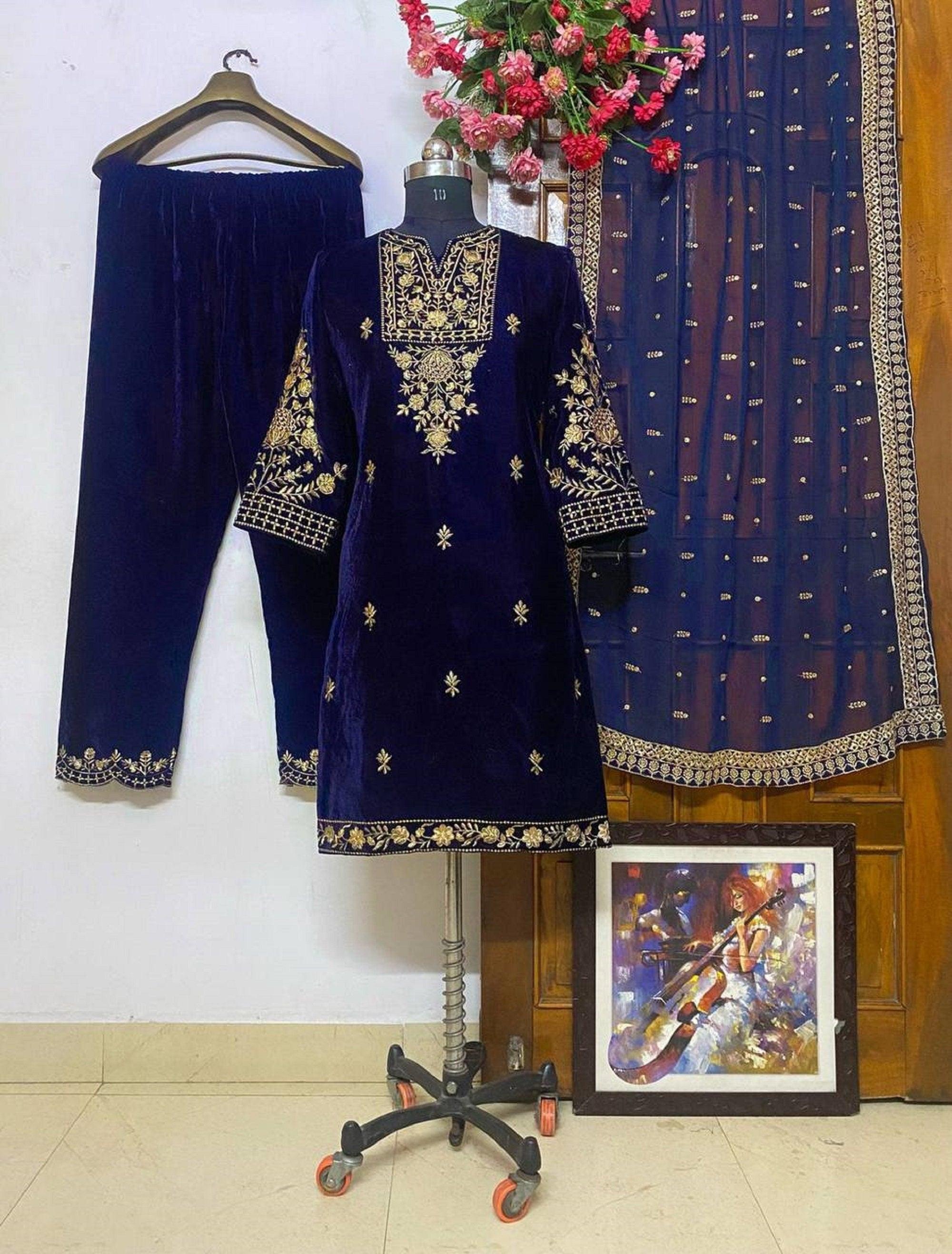 Luxury Designer Embroidered Velvet Salwar Kameez – Ready-to-Wear Purple 3-Piece Set with Palazzo &amp; Dupatta | Elegant Partywear Outfit - Toi ‘n’ Moi Ltd