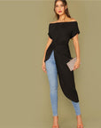 Black Off Shoulder Twist Front Asymmetrical Hem Bardot Top - Toi ‘n’ Moi Ltd