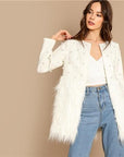 Solid Pearl Embellished Faux Fur Round Neck Jacket - Toi ‘n’ Moi Ltd