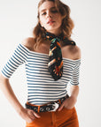 Top Bardot a righe blu navy